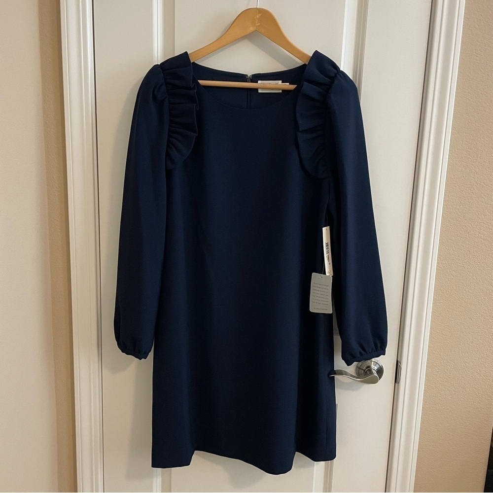 NWT Eliza J Ruffle Puff Shoulder Shift Dress Navy Blue Size 12 - Picture 2 of 11